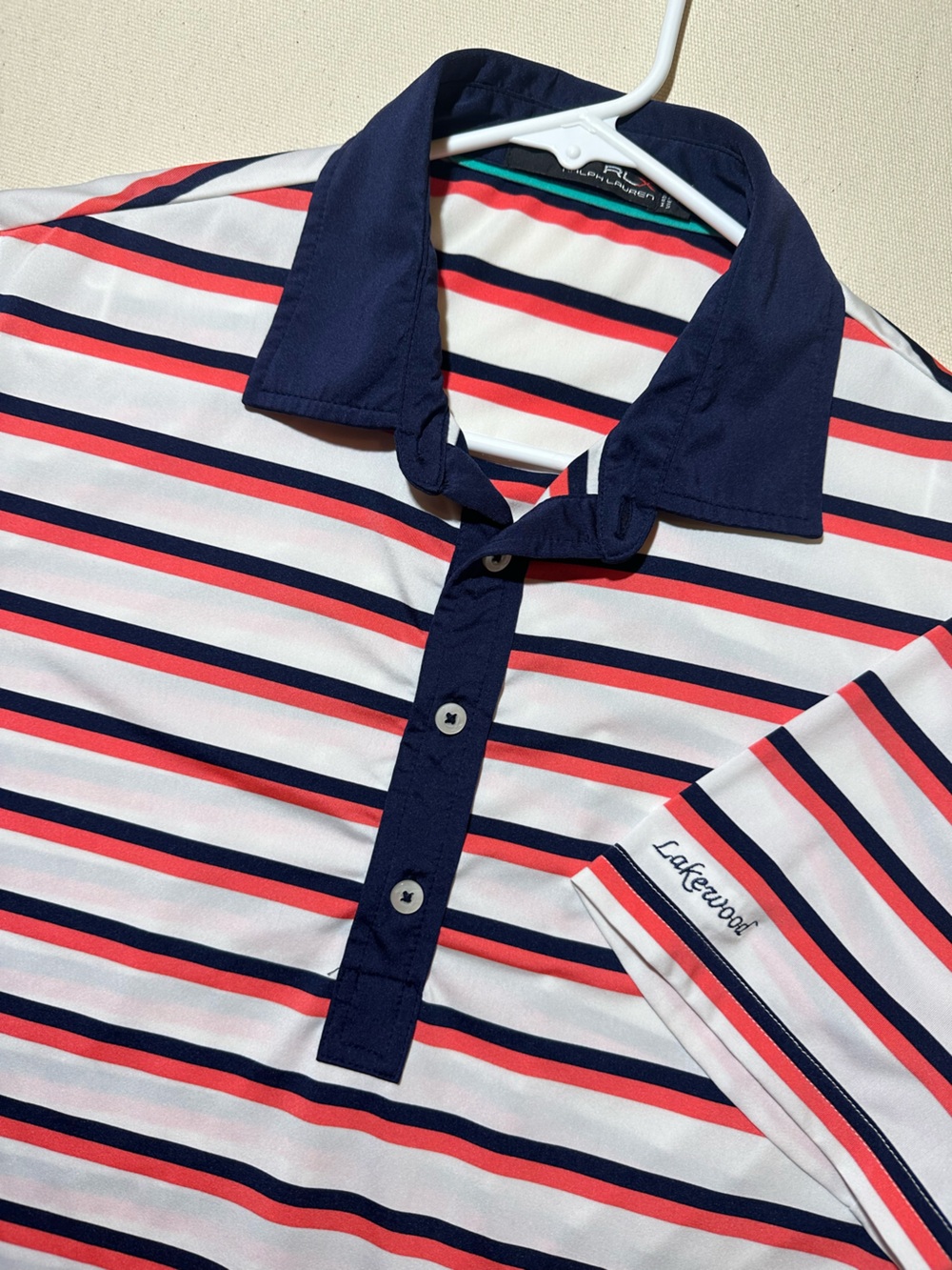 Men’s RLX Ralph Lauren Navy & White Striped Golf Polo x Lakewood Country Club